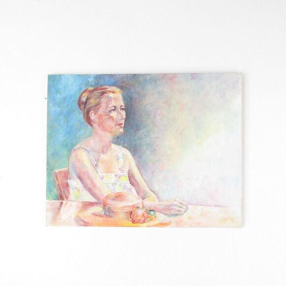VINTAGE Side Portrait Woman At Table Lady w/ Summer Hat unframed Painting
